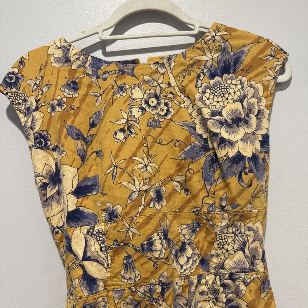 ANTHROPOLOGIE Tie Back Dress Boho Cap Yellow Blue Floral Open Back Mini Size 0 - Picture 4 of 14